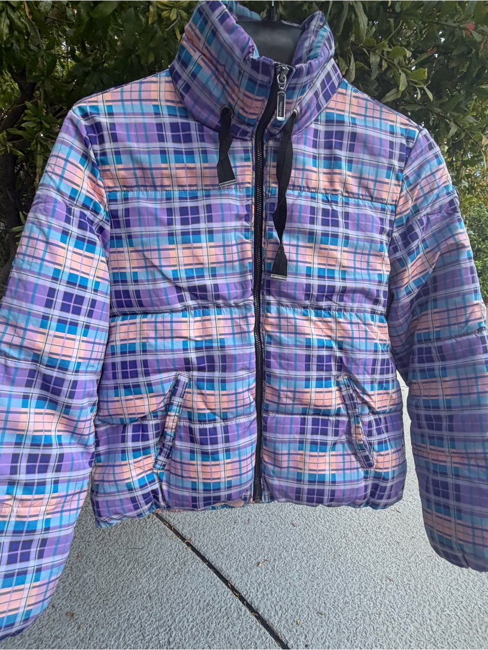 United Colors Of Benetton Purple and Pink Plaid Puffer Jacket